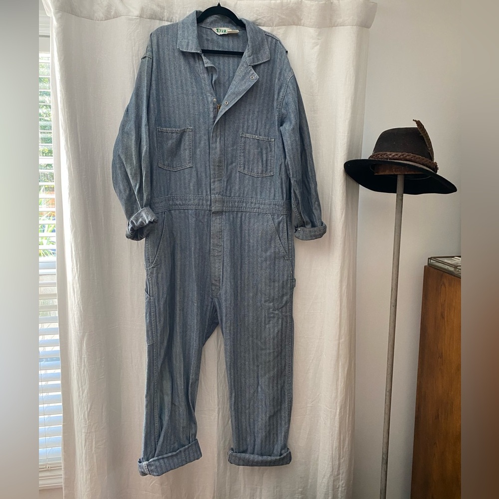 1970s KEY Coveralls Herringbone Denim Jumpsuit Large